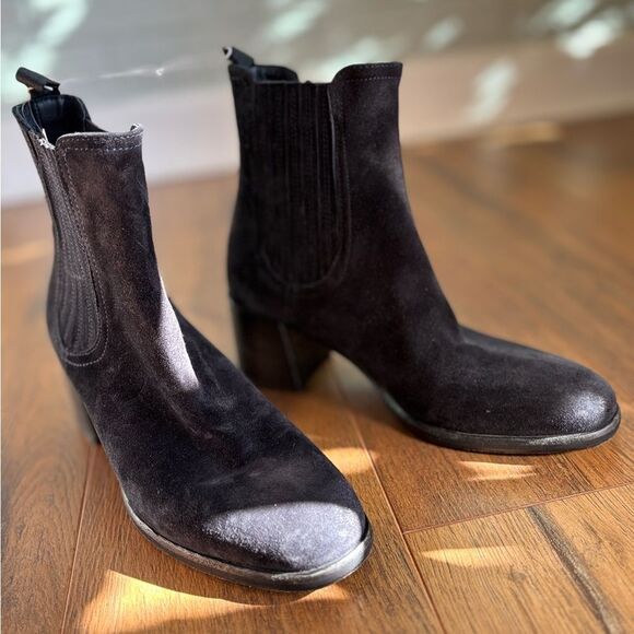 New Triver Flight Idylle Chaussures Black Suede Heeled Ankle Bootie - Picture 3 of 9